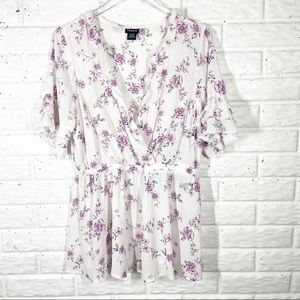 TORRID Purple Floral Flowy Blouse with ruffle trim - size 1
